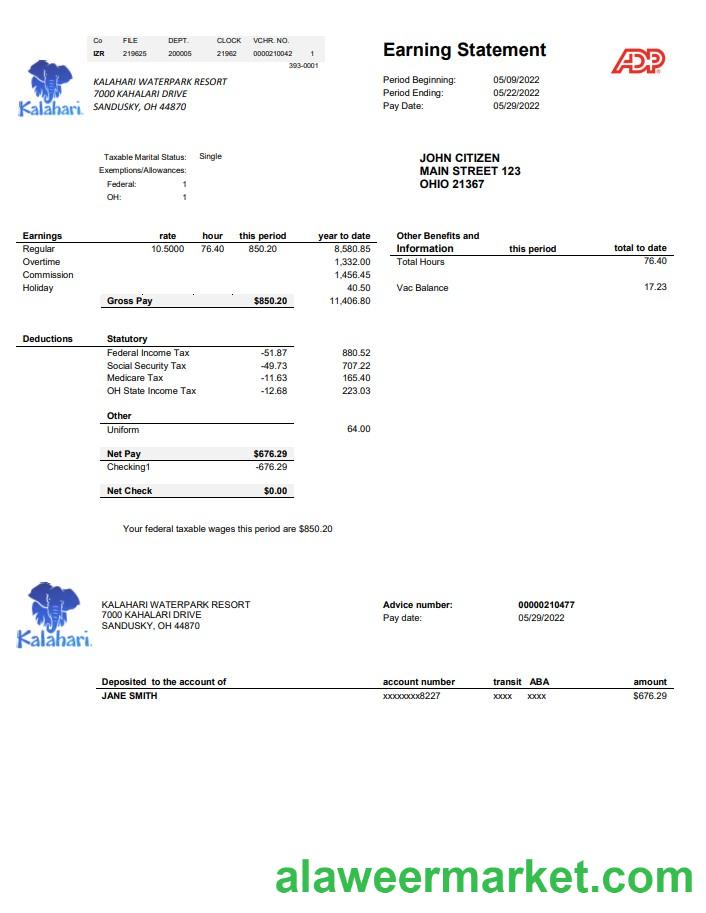 USA Ohio Kalahari Waterpark Resort utility bill template in Word and PDF format